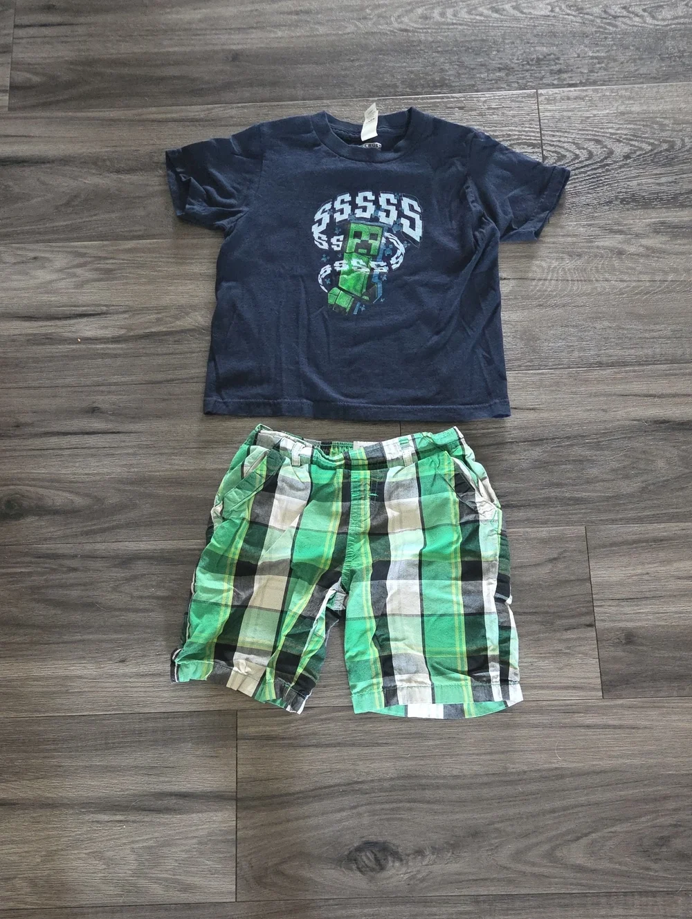 Garanimals Navy Graphic Tee with Green Plaid Shorts Pajama Set